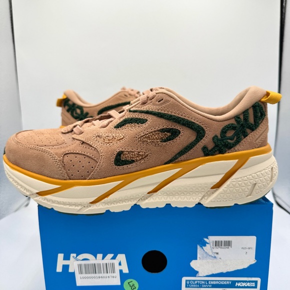 NWT Hoka Clifton L Embroidery UNISEX Shoes Leather Brown Sirrocco Mountain View - Picture 7 of 16